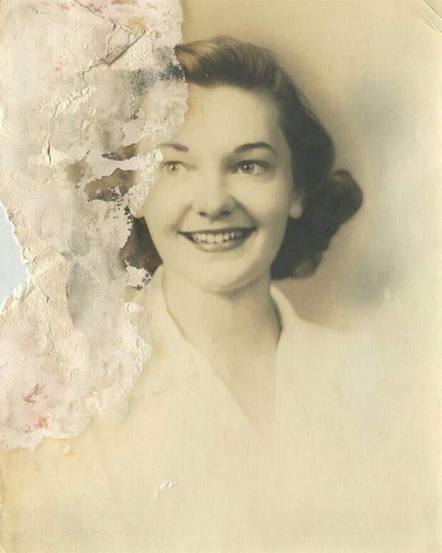 А это фотография чьей-то мамы в молодости. И тоже единственная А это фотография чьей-то мамы в молодости. И тоже единственная восстановление фото, до и после, мастер фотошопа, ретуширование, ретушь фото, старые фото в цвете, фоторедактор, фотошоп