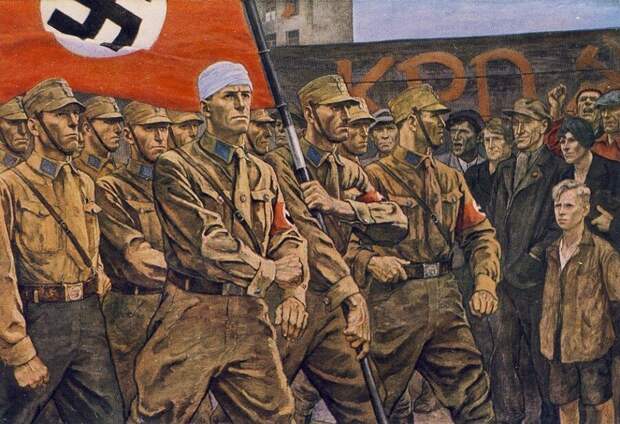Нацистские штурмовики на марше. Именно гитлеровцы первыми уяснили, что «сакральные жертвы» проще всего получаются в режиме самообслуживания. 