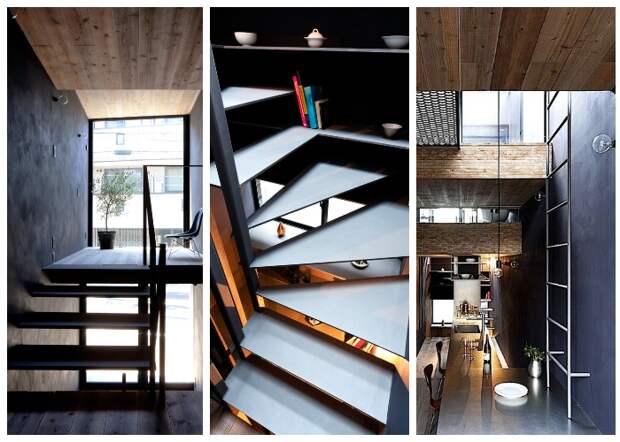 Несколько видов лестниц украшают интерьер («Ultra-Narrow House», Токио).