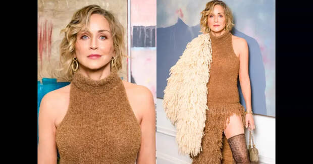 67-летняя Шэрон Стоун вышла в свет в платье с разрезом и чулках