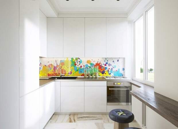 Фартук в качестве акцента на маленькой кухне. / Фото: Design-homes.ru