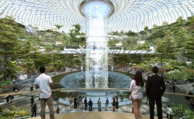 Для функционирования 40-метрового водопада, крупнейшего крытого водопада в мире, требуется до 46000 литров воды в минуту Чанги, аэропорт, мир, путешествия, сингапур, терминал, туризм