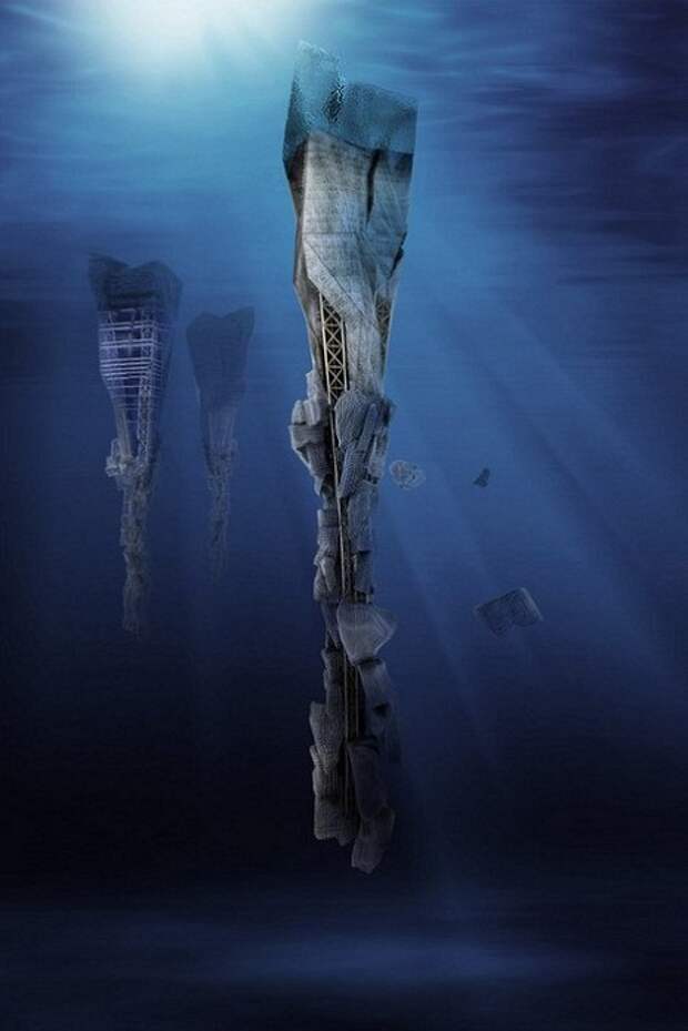 Lady Landfill – подводный небоскреб должен собирать и перерабатывать отходы из Гигантского тихоокеанского мусорного пятна (проект сербских архитекторов). | Фото: mk.ru.