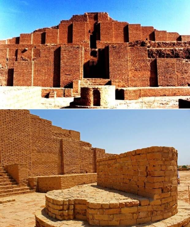 В былые времена зиккурат Чога-Зенбиль имел богато украшенный фасад, покрытый глазурованной синей и зеленой плиткой, а внутри были созданы мозаики из стекла и слоновой кости, статуи и барельефы (Иран).