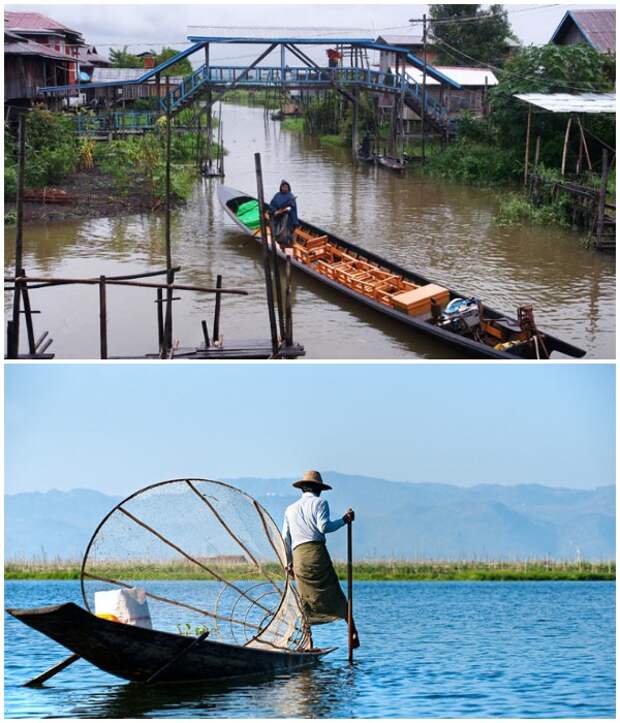 В деревню можно добраться лишь на лодке (озеро Инле, Мьянма).