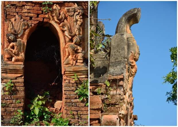 Несмотря на разруху многие ступы сохранили причудливые украшения в виде барельефов и скульптур (деревня Индейн, Мьянма).
