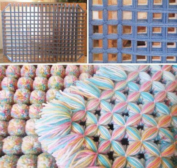Разноцветный вязаный плед из помпонов своими руками Вязанные пледы и покрывала из помпонов своими руками