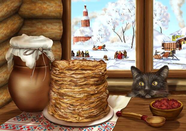 Масленица, Блины, Весна, Зима, Снег, Кот, Кувшин