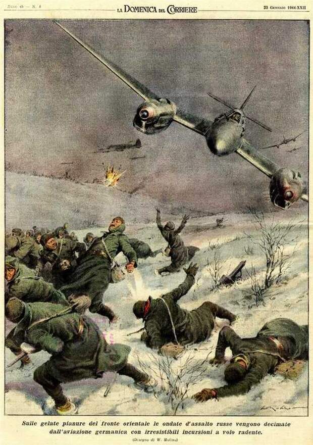 Тяжелые истребители Ме-110 уничтожают походную колонну солдат Красной Армии  - Walter Molino