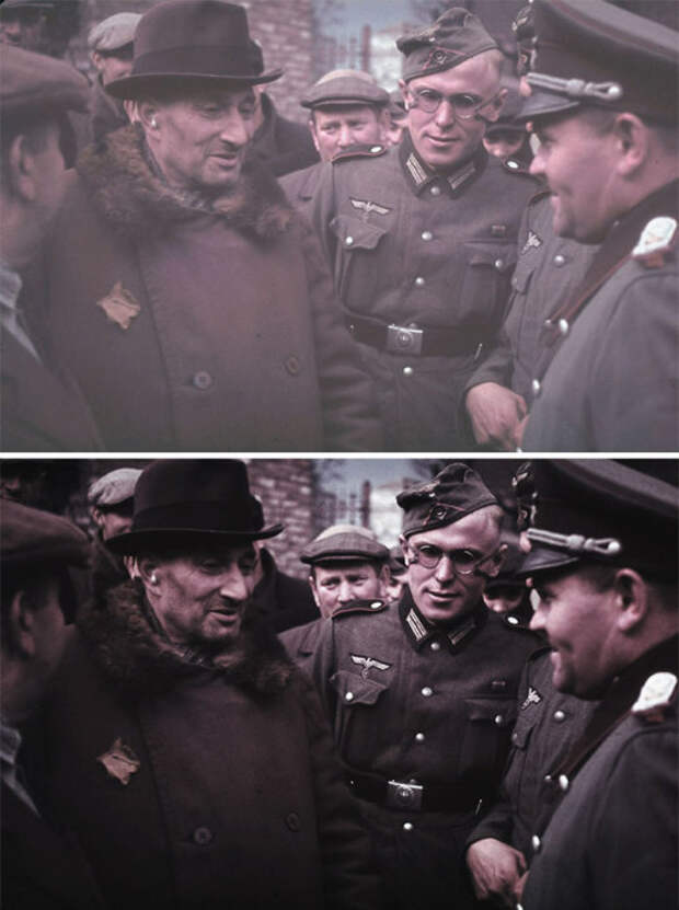 Беседа между пожилым евреем с желтой звездой на груди и немецким офицером в гетто городка Кунто.