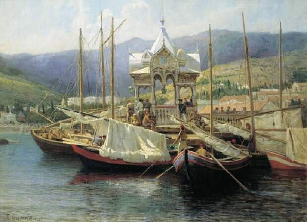 Пристань в Ялте. 1890 год. Владимиро-Суздальский музей-заповедник. Автор: Г.Г. Мясоедов. Пристань в Ялте. 1890 год. Владимиро-Суздальский музей-заповедник. Автор: Г.Г. Мясоедов.