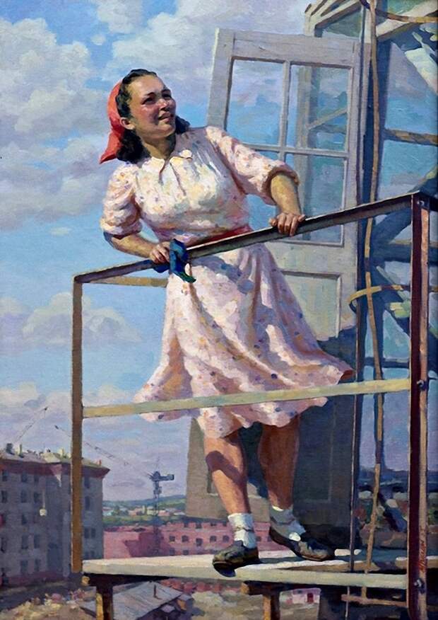 11. Григорьев-Савушкин Павел "Крановщица", 1955 год СССР, живопись, картины, красиво, соцреализм, художники