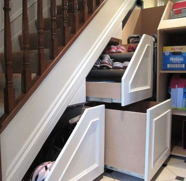 Интересный вариант для рационального обустройства шкафа в нише под лестницей. 