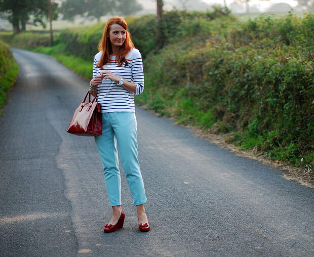 Breton stripes, mint trousers, red accents