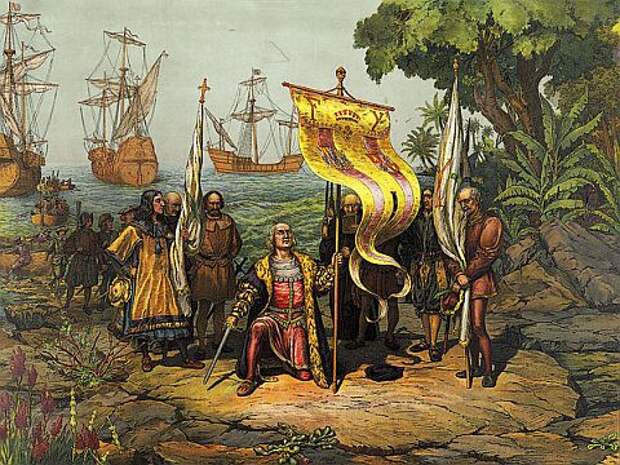 Колумб объявляет открытую землю собственностью испанского короля. Иллюстрация 1893 года.
