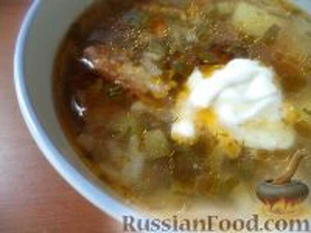 Фото к рецепту: Рассольник с копченой курицей