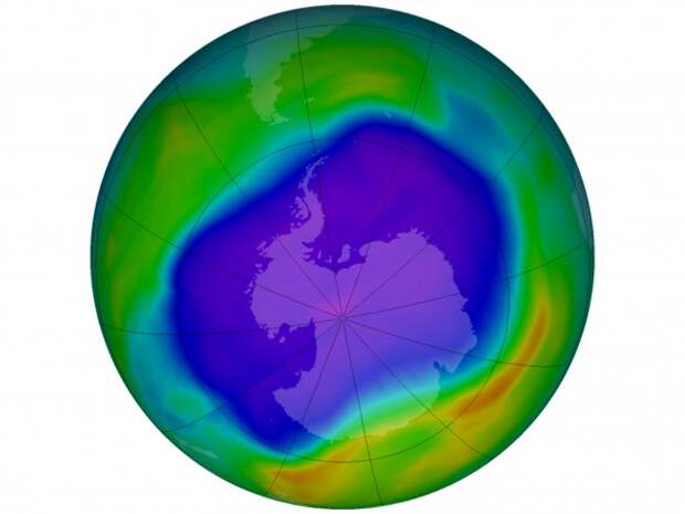The ozone hole (purple and blue) covered much of Antarctica in 2006. The Montreal Protocol has dramatically reduced emissions of ozone-depleting substances to the atmosphere, but there’s still an unknown source of carbon tetrachloride.