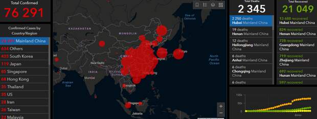 Скриншот онлайн карты распространения коронавируса. 22.02.2020