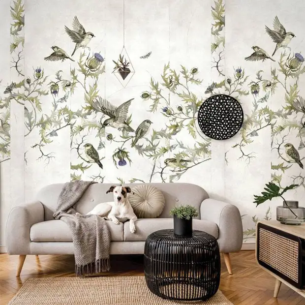роспись на стене - цветы и птицы фото