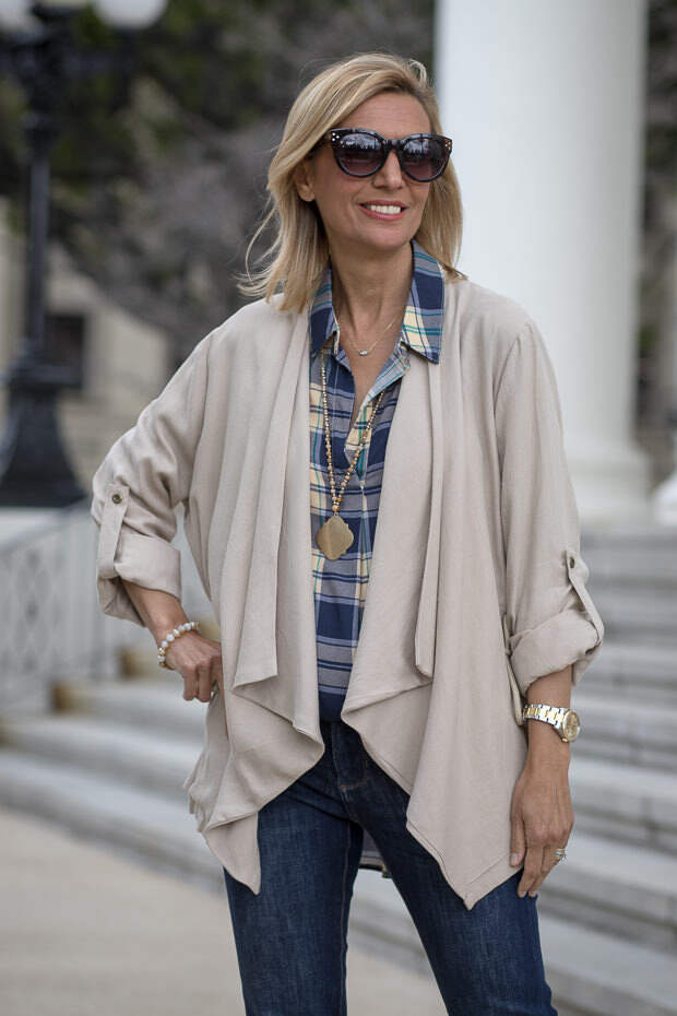 Blue and Tan Plaid Shirt With Tan Cascading Collar Jacket for women 