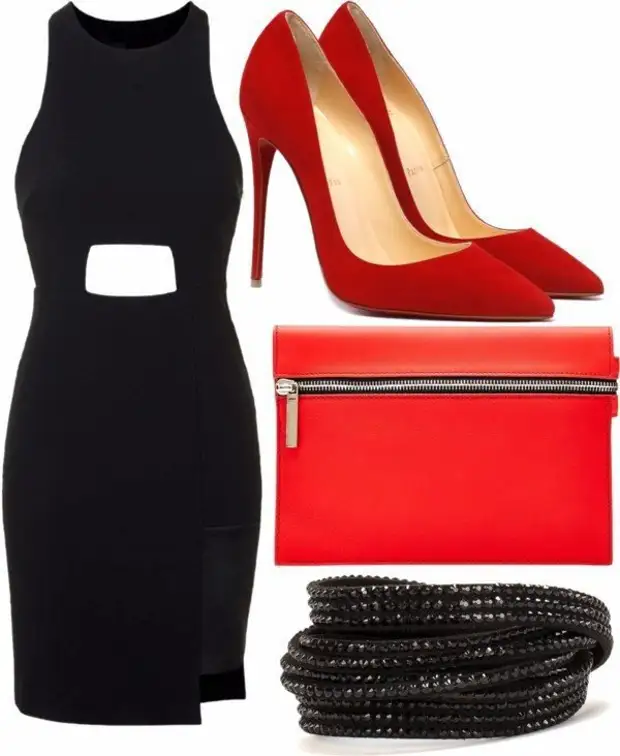 Образ с черным платьем и красными туфлями