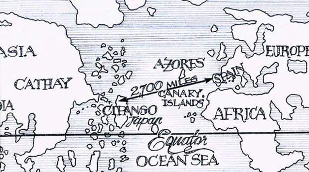 Так Колумб представлял себе устройство мира: от Испании до Японии 2,700 миль по прямой на запад, а за Японией - Индия