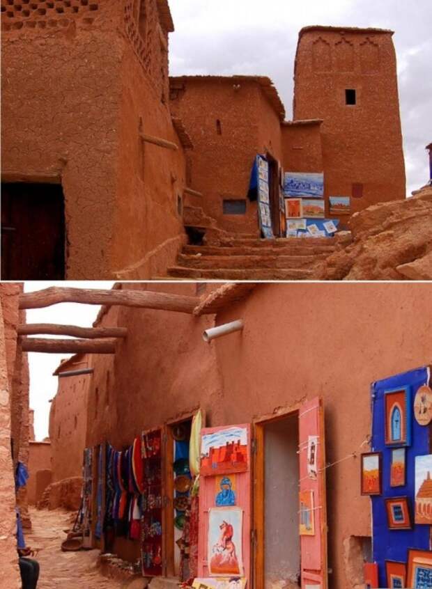 На улицах старинного города можно приобрести сувениры местных мастеров (Ксар Айт-Бен-Хадду, Марокко).