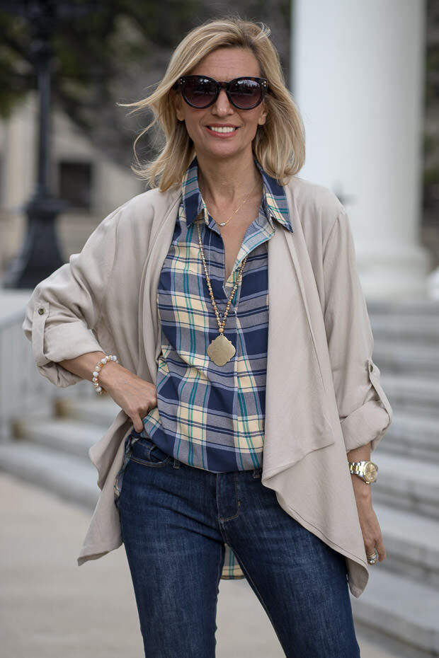 Blue and Tan Plaid Shirt With Tan Cascading Collar Jacket for women 