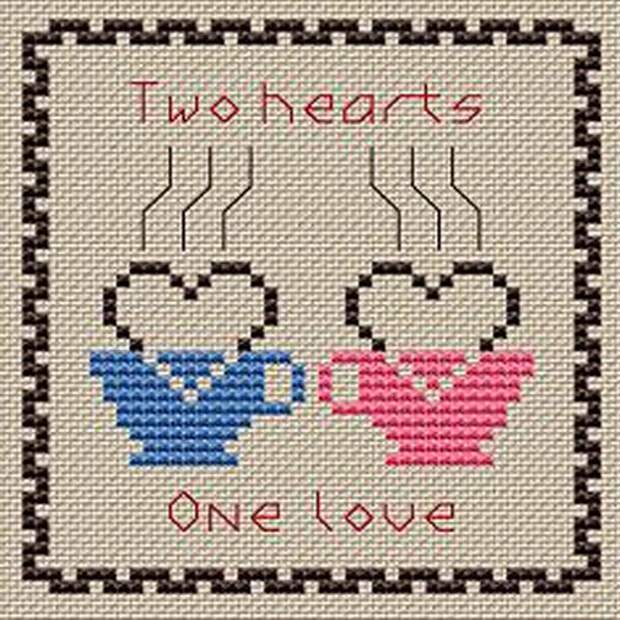 как вышить крестом ко Дню святого Валентина «Two Hearts One Love». Бесплатная схема