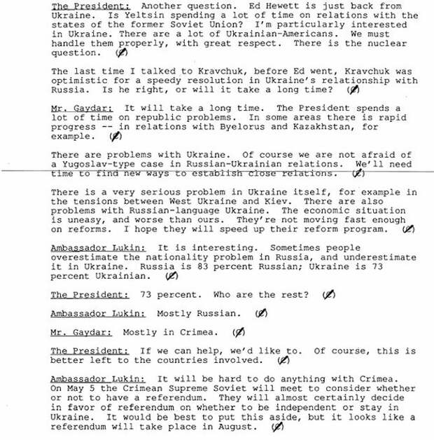 Телефонограмма переговоров Буша и Гайдара 28.04.1992, стр.4 по Украине и Крыму с сайта https://bush41library.tamu.edu