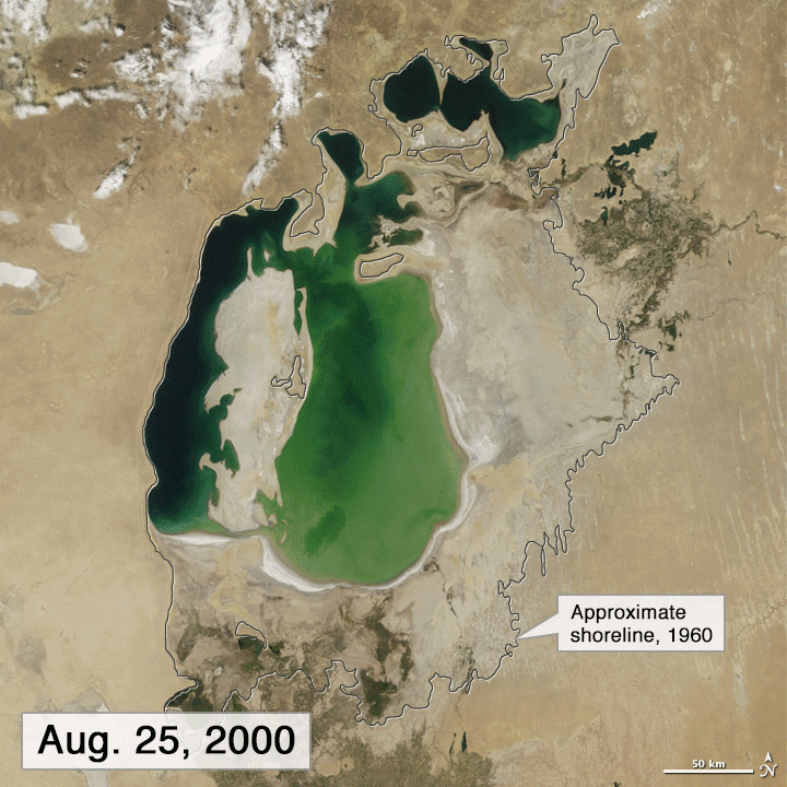 The disappearing Aral Sea as seen from space.