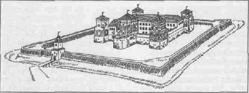 Мирский замок в начале XVII века. Реконструкция по материалам М.А. Ткачева. Рисунок Я. Кулика Мирский замок XVII век